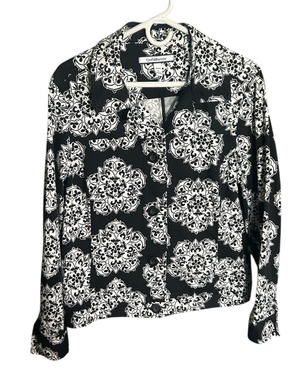 Coldwater Creek Stretch Black and White Print Button-Front Lightweight Jacket